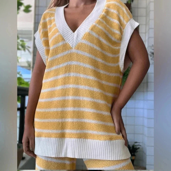 Zara Tops - Zara sleeveless vneck yellow striped sweater NWOT size S